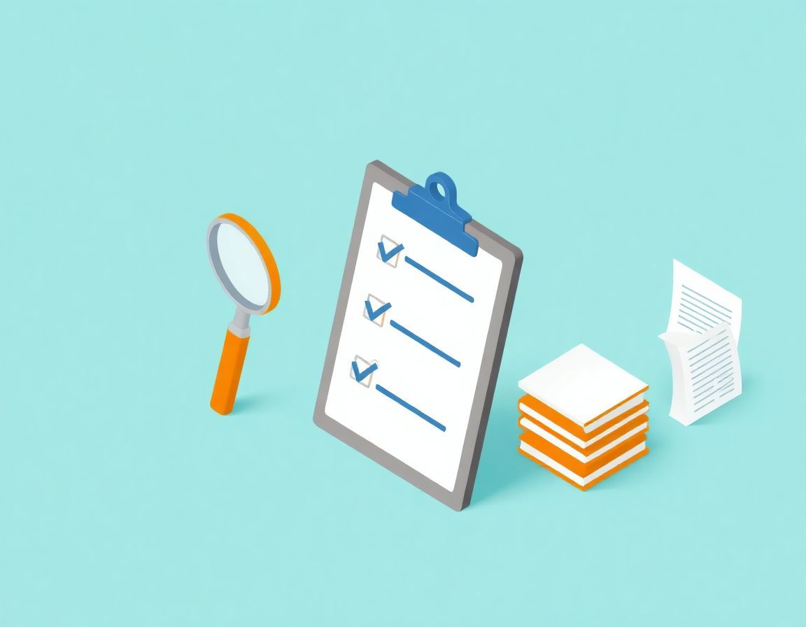 Due diligence checklist illustration with clipboard, magnifying glass, and document stack