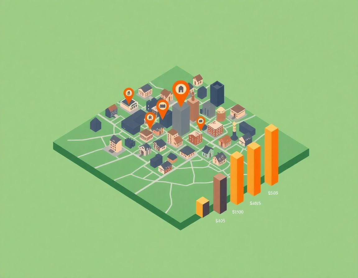 Miami neighborhood map illustration with location pins and price comparison chart