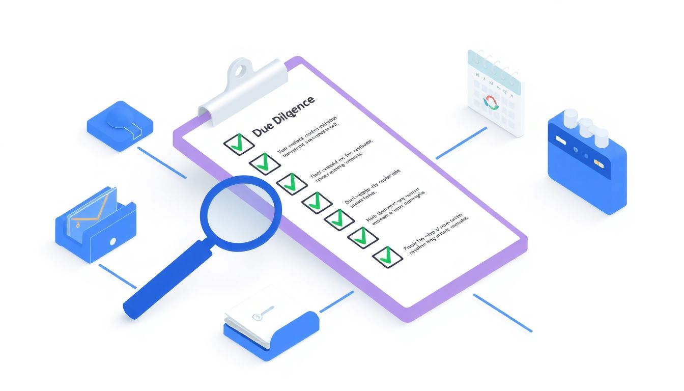 Due diligence checklist workflow with clipboard, checkmarks, magnifying glass, documents, and approval symbols representing comprehensive property review process