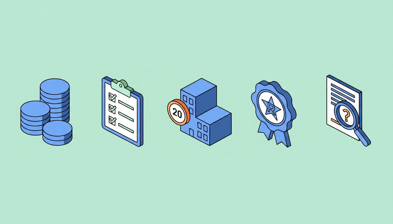 Five dimensions of condo risk assessment illustrated with symbolic icons