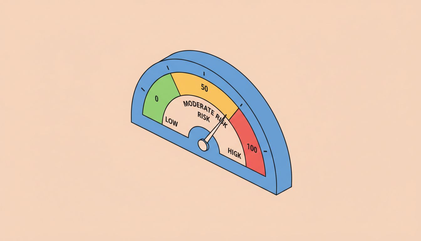 Risk score gauge showing low, moderate, and high risk zones